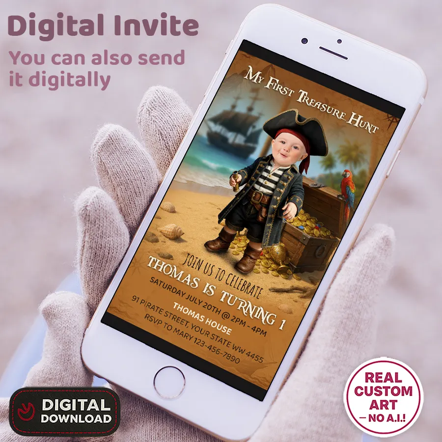 Personalized Pirate Birthday Invitation for Baby – Custom “My First Treasure Hunt” Party Design – Delivered in 24h – Digital File 3 Personalized Pirate Birthday Invitation for Baby – Custom “My First Treasure Hunt” Party Design – Delivered in 24h – Digital File