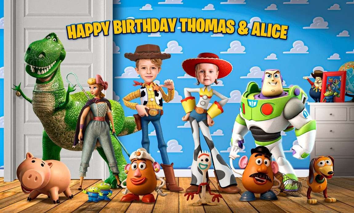 Party backdrop blending two themes side by side to reflect each child