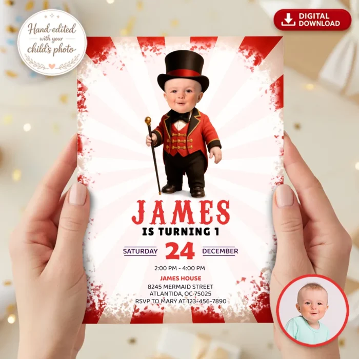 Personalized Circus Ringmaster Birthday Invitation with Photo