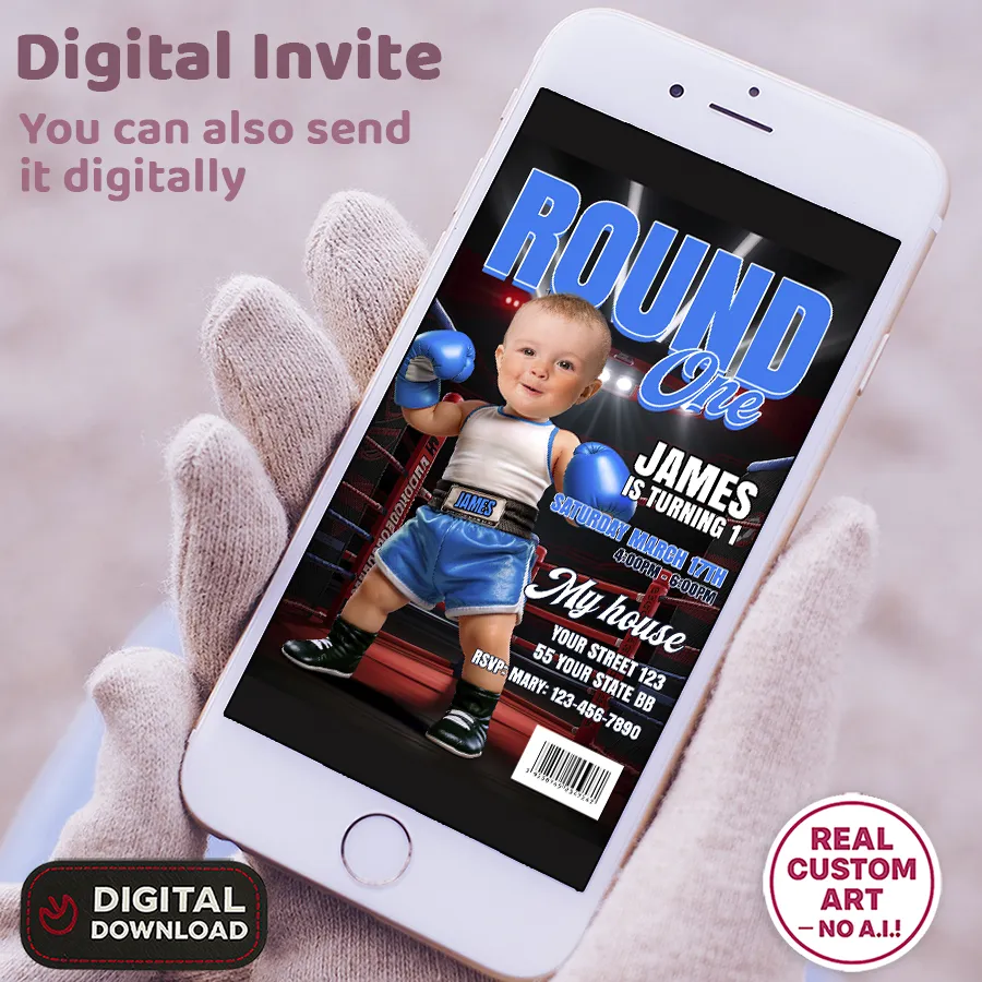 Personalized Baby Boxer Round One Invitation – Custom Blue Boxing Photo Invitation – Delivered in 24h – Digital File 3 Baby Boxer Round One Invitation