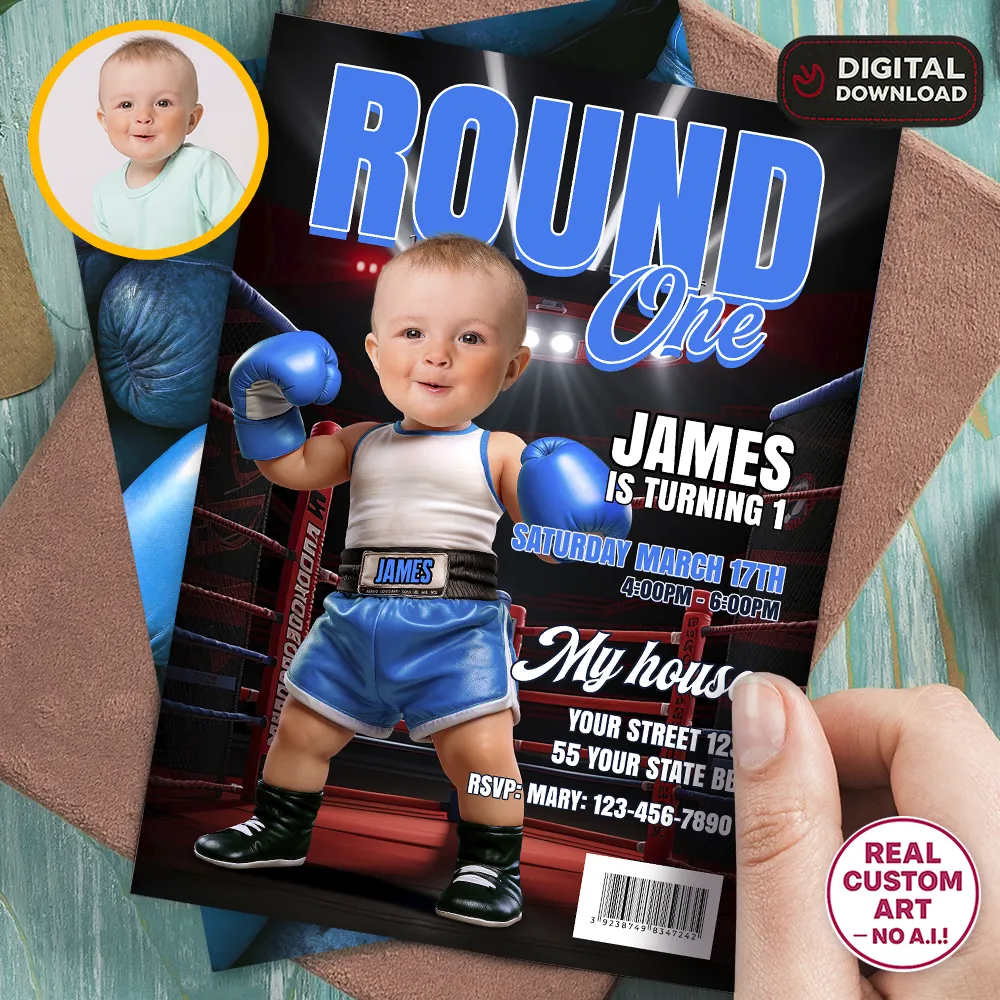 Personalized Baby Boxer Round One Invitation – Custom Blue Boxing Photo Invitation – Delivered in 24h – Digital File 1 Baby Boxer Round One Invitation