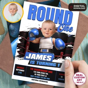 Celebrate your baby’s big milestone with a Personalized Baby Boxer Round One Party Invitation. Delivered in 24 hours.