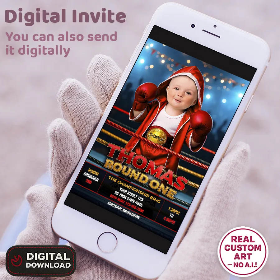 Personalized Baby Boxer “Hooded Robe” Round One Birthday Invitation – Custom Boxing Theme Party Design – Delivered in 24h – Digital File 3 Personalized Baby Boxer Hooded Robe Round One Birthday Invitation