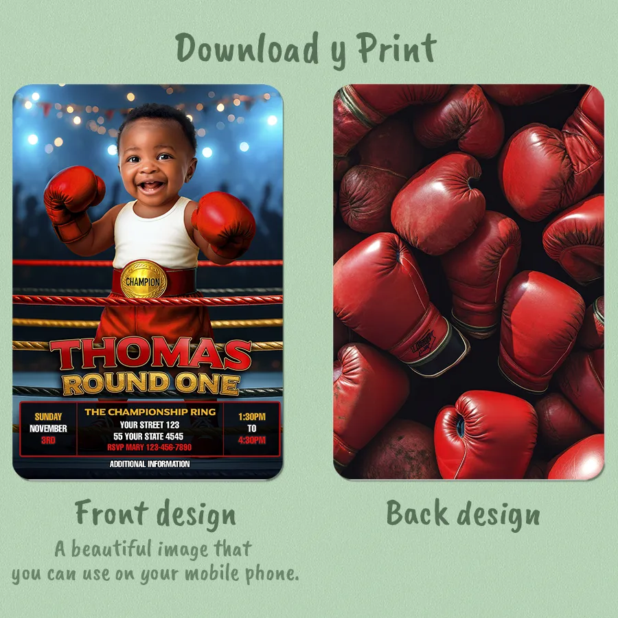 Personalized Baby Boxer “Red Gear” Round One Birthday Invitation – Custom Boxing Theme Party Design – Delivered in 24h – Digital File 2 Personalized Baby Boxer “Red Gear” Round One Birthday Invitation – Custom Boxing Theme Party Design – Delivered in 24h – Digital File