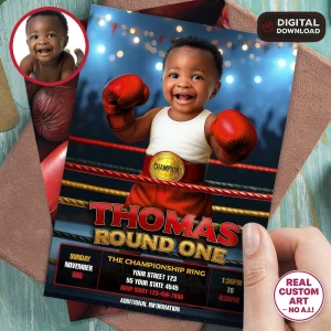 Personalized Baby Boxer Red Gear Round One Birthday Invitation