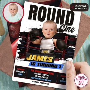 Personalized Baby Boxer Round One Birthday Invitation with Black Background – Custom Boxing Theme Party Design