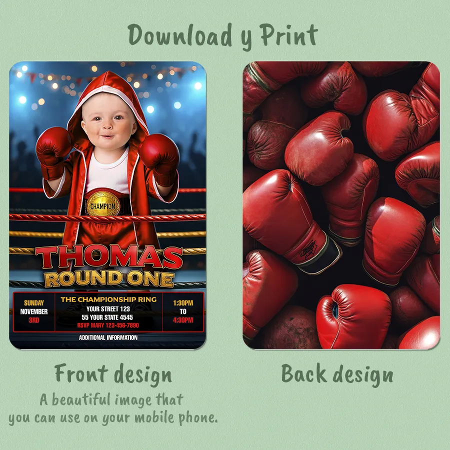 Personalized Baby Boxer “Hooded Robe” Round One Birthday Invitation – Custom Boxing Theme Party Design – Delivered in 24h – Digital File 2 Personalized Baby Boxer “Hooded Robe” Round One Birthday Invitation – Custom Boxing Theme Party Design – Delivered in 24h – Digital File - Image 2