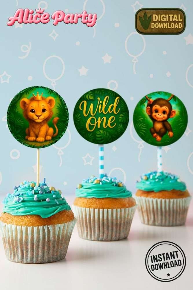 Close-up of Wild One cupcakes and safari cookies in neutral palette