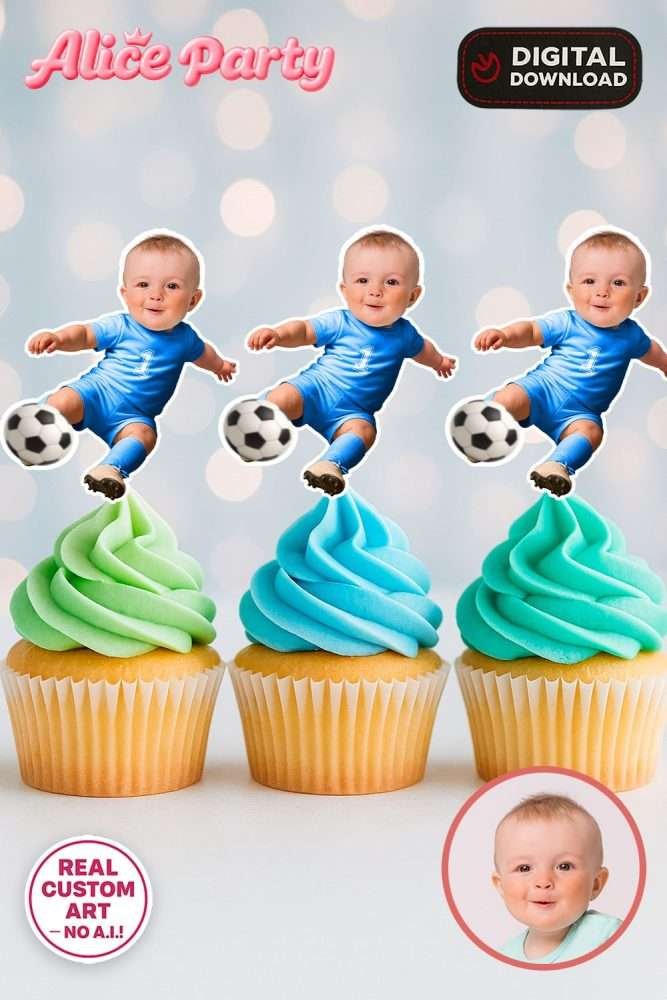 Personalized Baby Soccer Cupcake Toppers – First & Second Birthday Party Decoration – Delivered in 24h – Digital File 1 Personalized Baby Soccer Cupcake Toppers – First & Second Birthday Party Decoration – Digital File