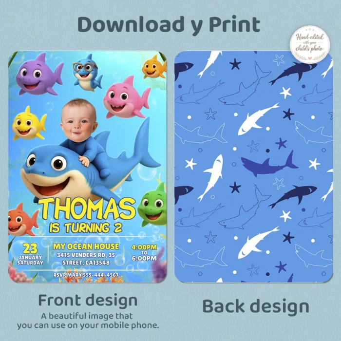 Little Shark Birthday Invitation with Photo – Delivered in 24h.