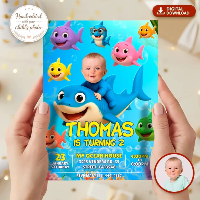 Little Shark Birthday Invitation with Photo – Delivered in 24h.