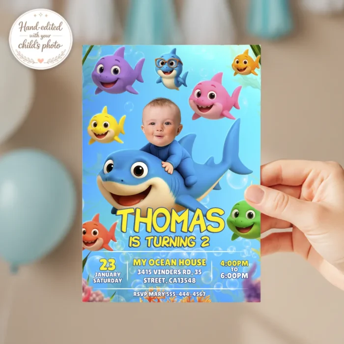Little Shark Birthday Invitation with Photo – Delivered in 24h.