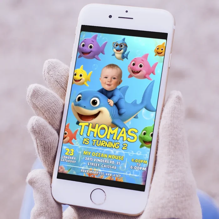 Little Shark Birthday Invitation with Photo – Delivered in 24h.