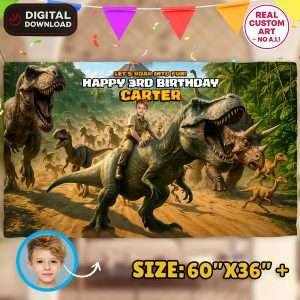 Personalized Dinosaur T-Rex Birthday Banner – Custom Dinosaur Party Decoration – Delivered in 24h – Digital File
