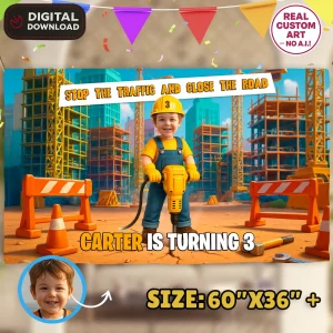Personalized Construction Birthday Banner with Photo – Jackhammer Theme – Custom Builder Party Decoration – Delivered in 24h – Digital File