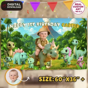 Personalized Baby Dinosaur Birthday Banner – Triceratops Theme – Custom Party Decoration – Delivered in 24h – Digital File