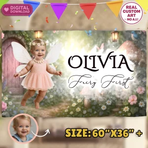 Baby Fairy Birthday Banner – Fairy First Party Decoration With Photo – Delivered in 24h – Digital File