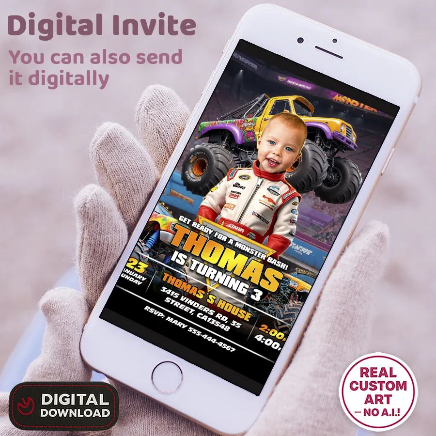 3rd Personalized Monster Truck Birthday Photo Invitation | Custom Racer Invite 3 Personalized Monster Truck Birthday Photo Invitation – Custom Off-Road Racing Theme Design – Delivered in 24h – Digital File