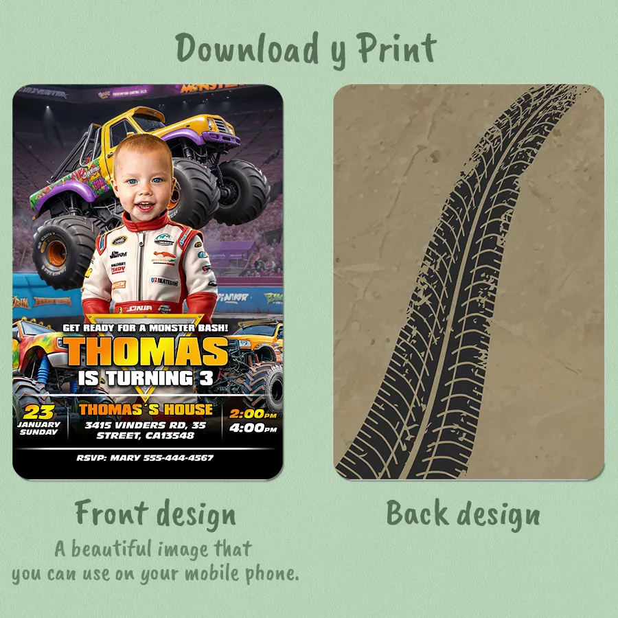 3rd Personalized Monster Truck Birthday Photo Invitation | Custom Racer Invite 2 3rd Personalized Monster Truck Birthday Photo Invitation | Custom Racer Invite - Image 2