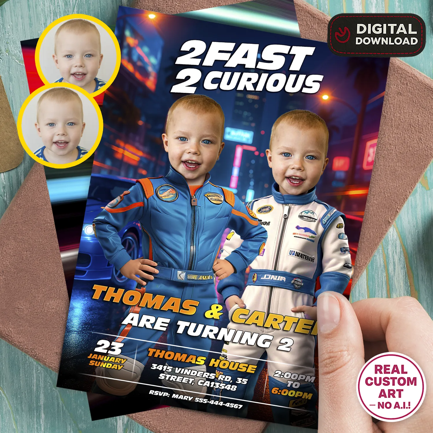 Personalized 2 Fast 2 Curious Twins and Siblings Birthday Invitation with Photo – Delivered in 24h – Digital File 1 Personalized 2 Fast 2 Curious Twins and Siblings Birthday Invitation with Photo – Delivered in 24h – Digital File