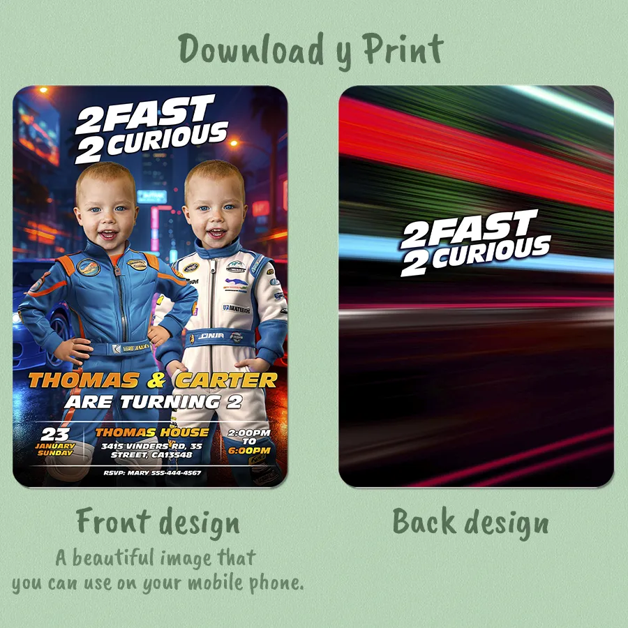 Personalized 2 Fast 2 Curious Twins and Siblings Birthday Invitation with Photo – Delivered in 24h – Digital File 2 Personalized 2 Fast 2 Curious Twins and Siblings Birthday Invitation with Photo – Delivered in 24h – Digital File