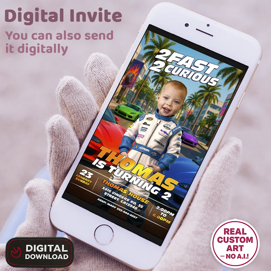 Two Fast Birthday Bundle | Custom 2nd Birthday Racing Invitation & Decor Pack 4 Personalized 2 Fast 2 Curious Birthday Invitation – Blue Race Car Theme – Delivered in 24h – Digital File