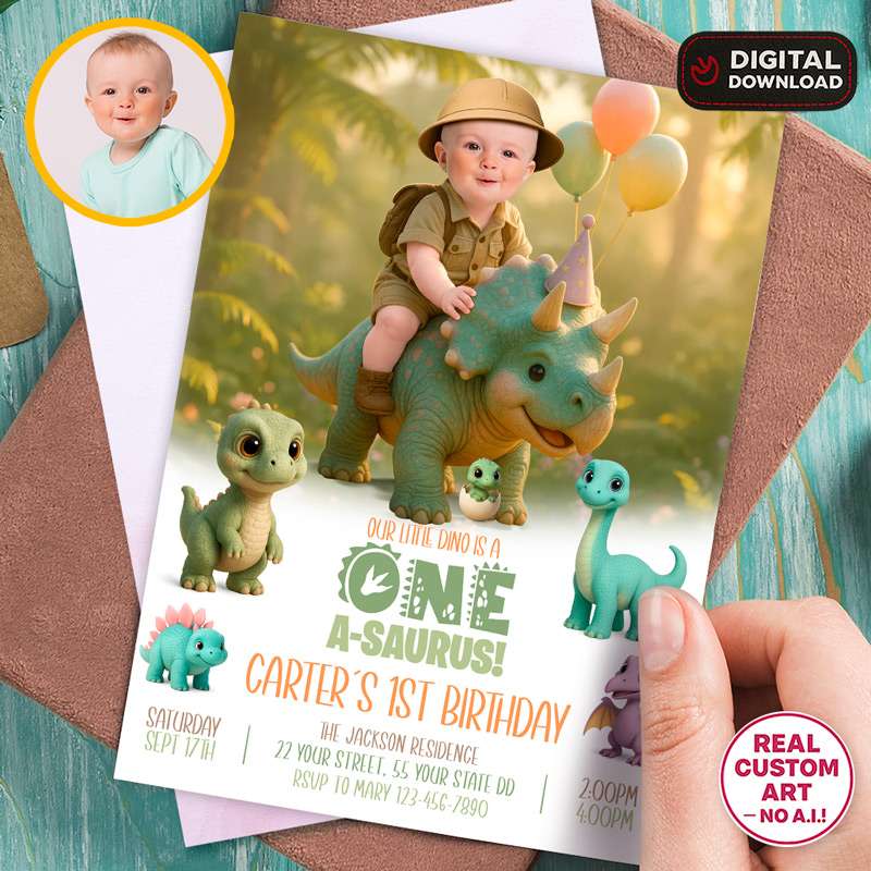 Personalized Baby Dinosaur Birthday Invitation with Photo – Custom Prehistoric Party Design – Delivered in 24h – Digital File 1 Personalized Baby Dinosaur Birthday Invitation with Photo – Custom Prehistoric Party Design – Delivered in 24h – Digital File