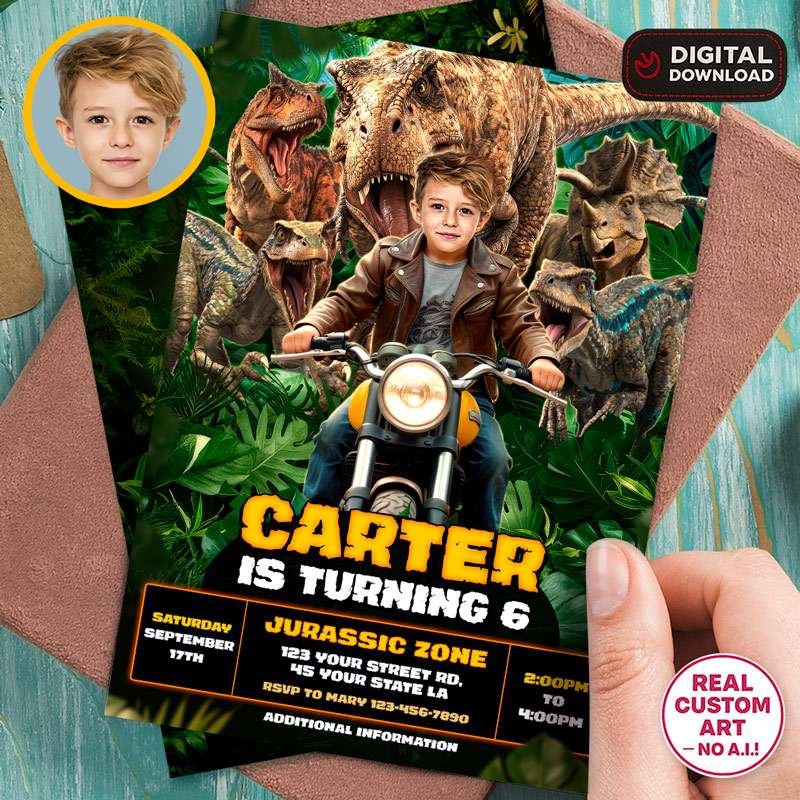 Personalized dinosaur birthday invitation with jurassic motorcycle theme