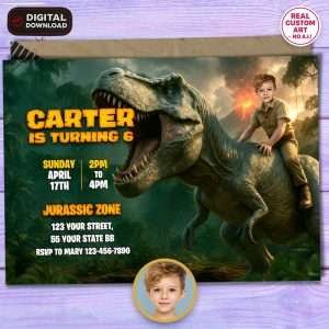 Personalized Dinosaur T-Rex Birthday Invitation with Photo – Delivered in 24h – Digital File