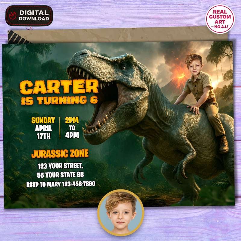 Personalized Dinosaur T-Rex Birthday Invitation with Photo – Delivered in 24h – Digital File 1 Personalized Dinosaur T-Rex Birthday Invitation with Photo – Delivered in 24h – Digital File