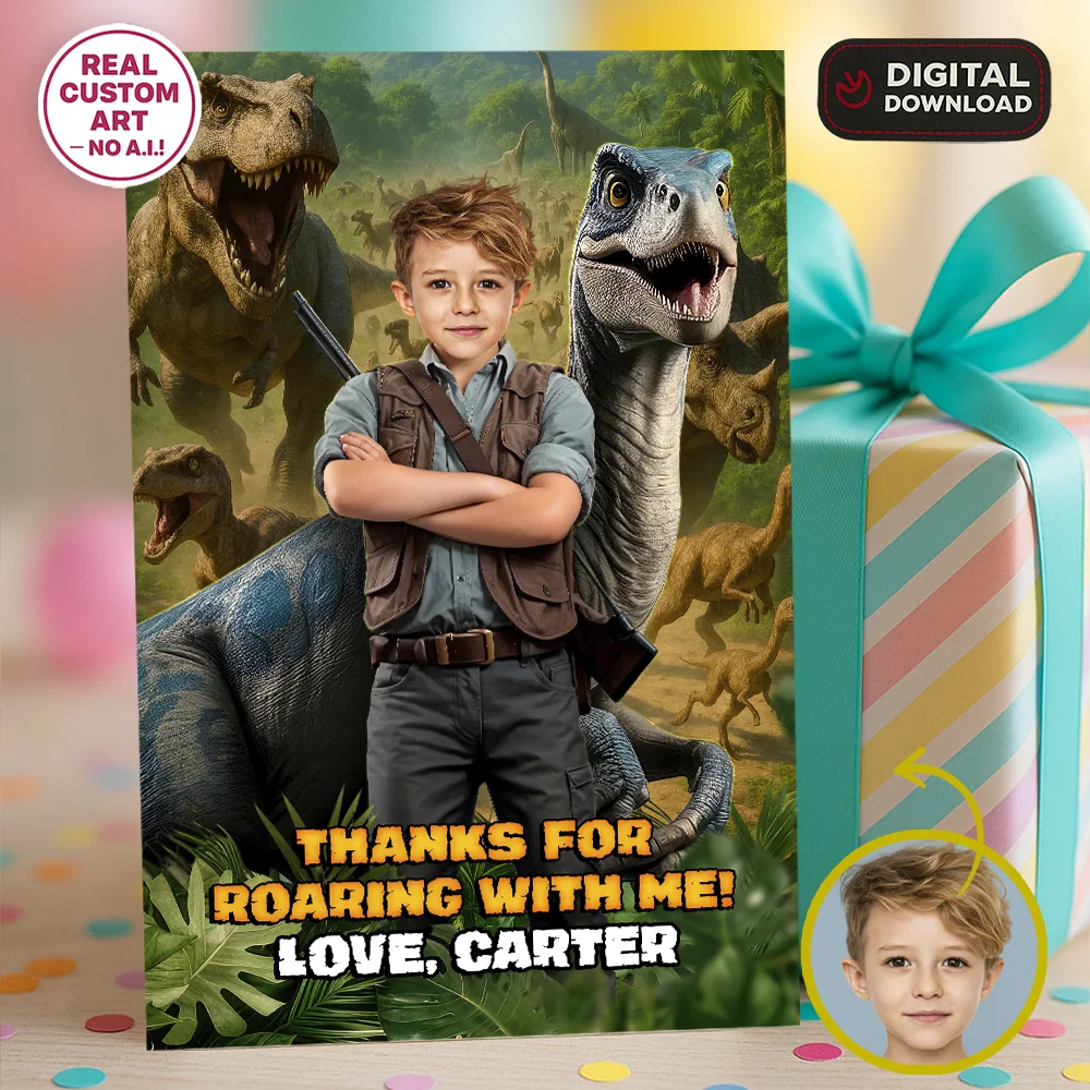 Custom Dinosaur Thank You Card with Photo – Explorer & Raptor Theme – Delivered in 24h – Digital File 1 Custom Dinosaur Thank You Card with Photo – Explorer & Raptor Theme – Delivered in 24h – Digital File