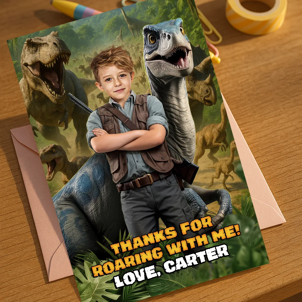 Custom Dinosaur Thank You Card with Photo – Explorer & Raptor Theme – Delivered in 24h – Digital File 3 Custom Dinosaur Thank You Card with Photo – Explorer & Raptor Theme – Delivered in 24h – Digital File - Image 3