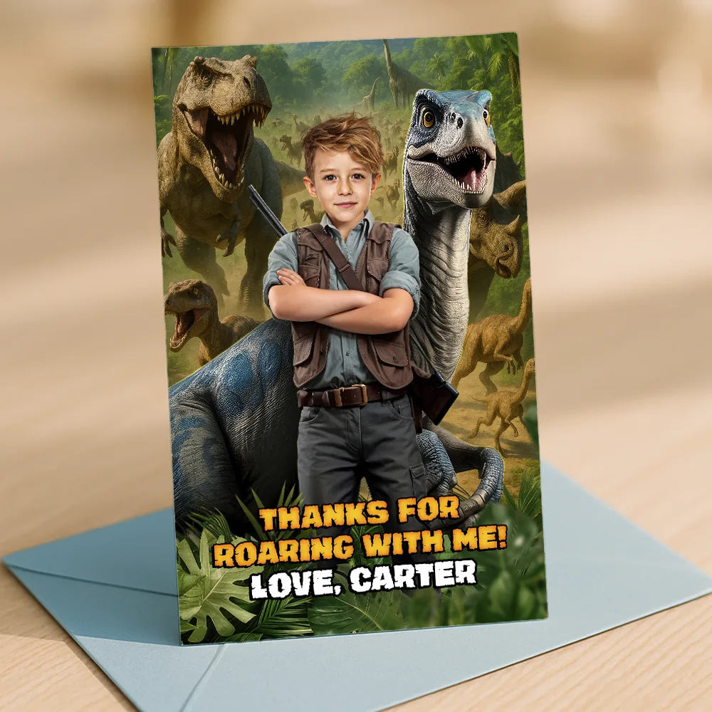 Custom Dinosaur Thank You Card with Photo – Explorer & Raptor Theme – Delivered in 24h – Digital File 2 Custom Dinosaur Thank You Card with Photo – Explorer & Raptor Theme – Delivered in 24h – Digital File