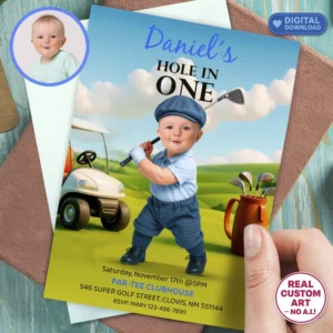 Hole in One Birthday Invitation | Personalized Golf Blue Theme Photo Invite