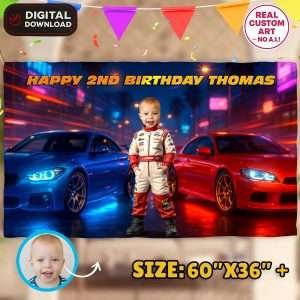 Personalized 2 Fast 2 Curious Birthday Banner – Red Race Car Theme Party Decoration – Delivered in 24h – Digital File