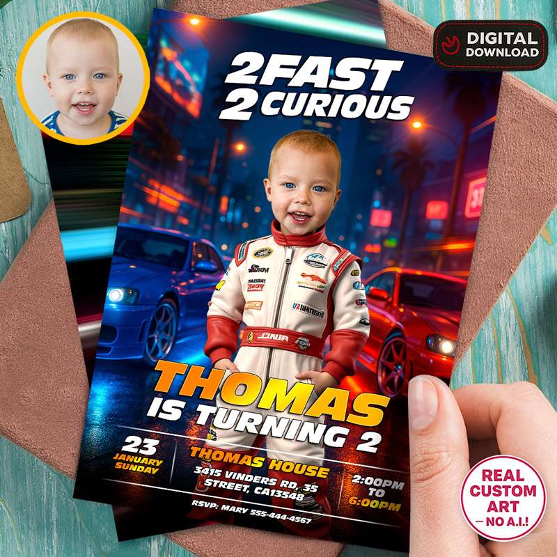 2 Fast 2 Curious Birthday Invitation | Personalized Race Car Photo Invite 1 2 Fast 2 Curious Birthday Invitation with Toddler Photo and Red Racing Car