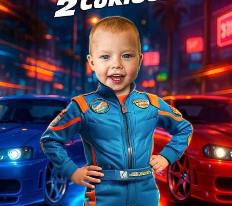 Two Fast design with electric blue racing suit