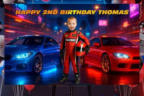 Two Fast party banners with racing graphics