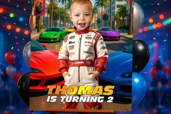 Two Fast welcome signs with checkered flags and pit-lane details