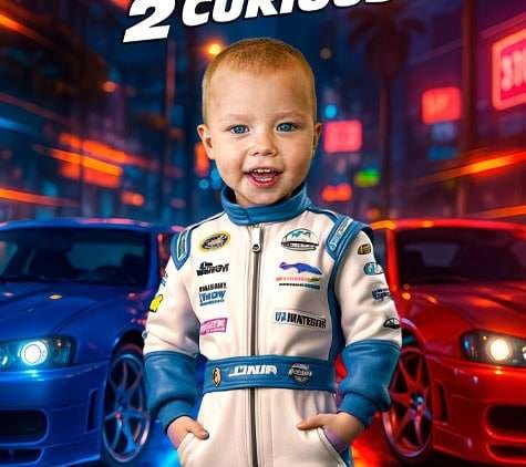 Two Fast design with white and blue racing suit