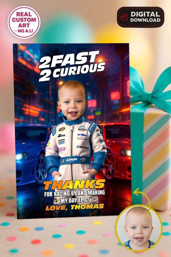 Custom 2 Fast 2 Curious Thank You Card with Photo – Blue Race Car Theme – Delivered in 24h – Digital File 1 Custom 2 Fast 2 Curious Thank You Card with Photo – Blue Race Car Theme – Digital File