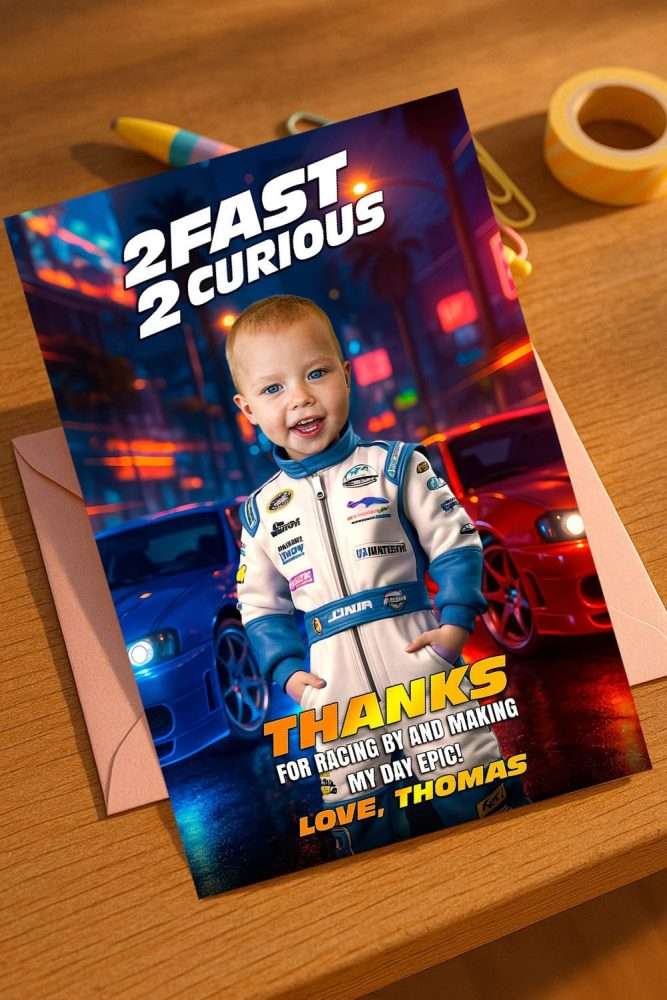 Custom 2 Fast 2 Curious Thank You Card with Photo – Blue Race Car Theme – Delivered in 24h – Digital File 2 Custom 2 Fast 2 Curious Thank You Card with Photo – Blue Race Car Theme – Delivered in 24h – Digital File - Image 2