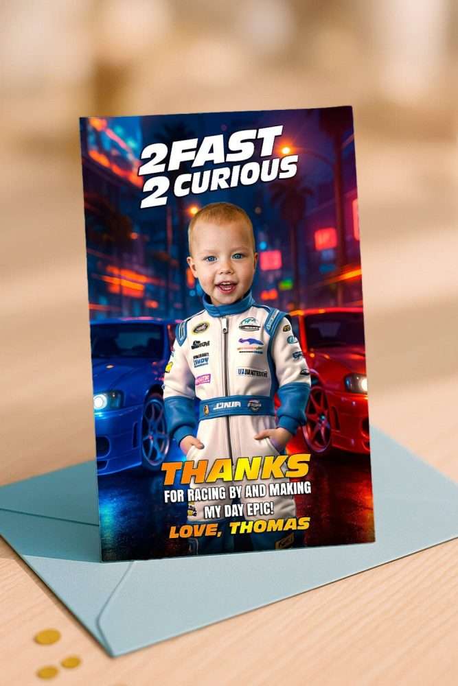 Custom 2 Fast 2 Curious Thank You Card with Photo – Blue Race Car Theme – Delivered in 24h – Digital File 3 Custom 2 Fast 2 Curious Thank You Card with Photo – Blue Race Car Theme – Digital File