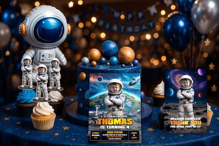 Astronaut birthday party set with invitations, cupcakes and welcome sign
