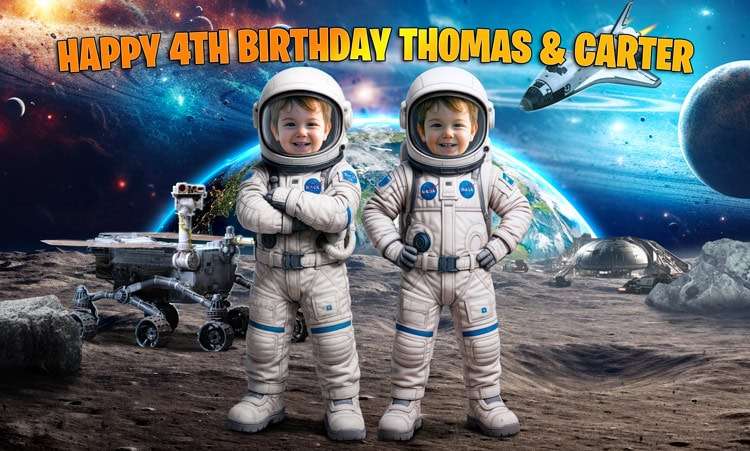 Astronaut birthday party for twins with personalized photo
