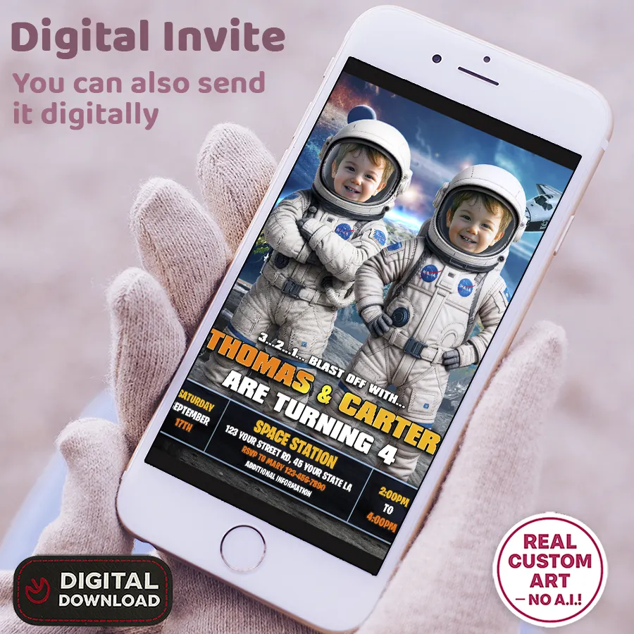 Personalized Astronaut Twins & Siblings Birthday Invitation with Photo – Astronaut Custom Invitation – Delivered in 24h – Digital File 3 Personalized Astronaut Twins & Siblings Birthday Invitation with Photo – Astronaut Custom Invitation – Delivered in 24h – Digital File