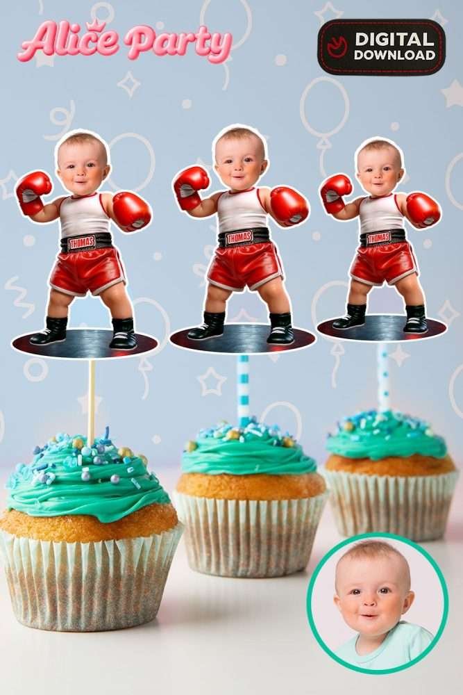 Personalized Round One Baby Boxing Cupcake Toppers – Custom Boxing Theme Party Decoration – Delivered in 24h – Digital File 3 Personalized Round One Baby Boxing Cupcake Toppers – Custom Boxing Theme Party Decoration – Made to Order Digital File
