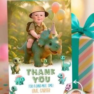 Personalized Baby Dinosaur Thank You Card with Photo – Custom Triceratops Theme Design – Made to Order Digital File