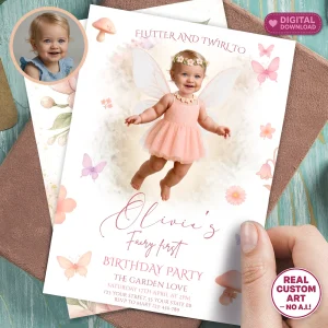 Personalized Baby Fairy Birthday Invitation with Photo – Fairy First Theme – Custom Enchanted Party Design – Delivered in 24h – Digital File