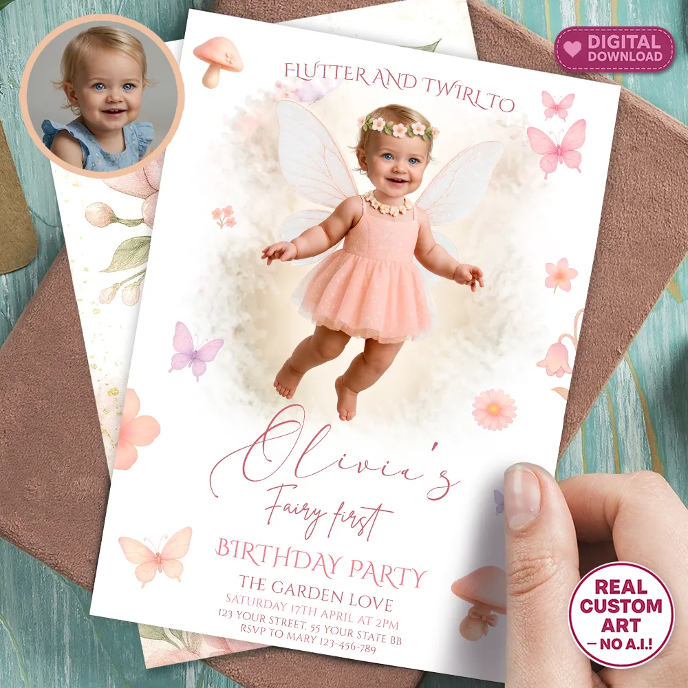 Fairy First Birthday Bundle – Personalized Fairy Party Pack with Photo – Digital Download – Ready in 24h 3 Personalized Baby Fairy Birthday Invitation with Photo – Fairy First Theme – Custom Enchanted Party Design – Delivered in 24h – Digital File